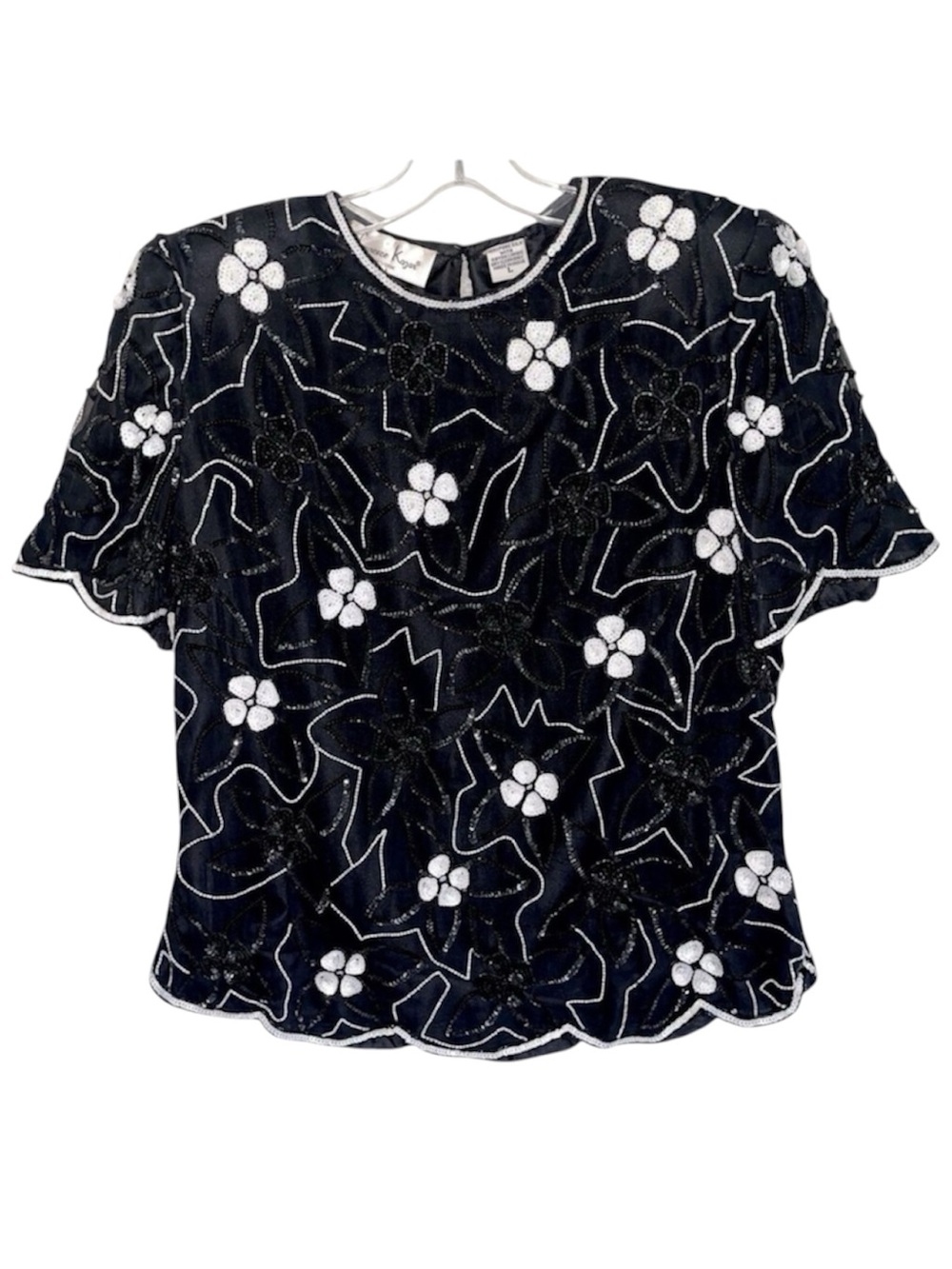 Laurence Kazar Black Silk Top Size L White Sequins Scalloped Trim Evening Gala